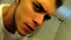 Boy sucking cock and eating cum in restroom