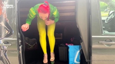 Redhead teen Rainia gives public blowjob