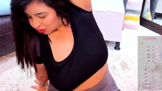 Busty curly brunette with big boobs fucks on couch