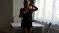 Hot Blonde Babe in Black Nylons Masturbates Solo