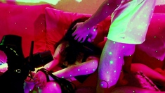 Amateur blowjob by busty brunette in black bra panties