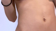 Busty curly brunette with big boobs fucks on couch