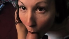 Big tit brunette MILF sucks and tit fucks a big cock