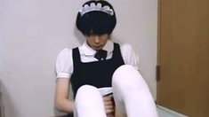 Cute Japanese Crossdresser Jacks Off In Maid Outfit