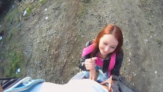 Marvelous redhead teen blows and fucks a long dick outside POV style