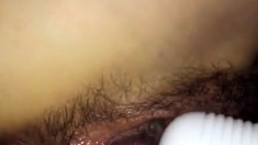 Close up of wet hairy Japanese pussy