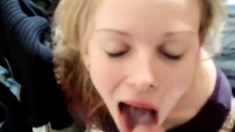 Shooting cum on the cute blonde's tongue and she swallows