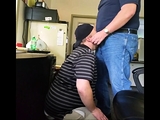 Daddy trucker dumps a quick load in Chubby Boy's mouth...