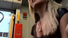 confident girlfriend gives nervous boyfriend blowjob on bus