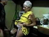 Blonde old granny rides young dick